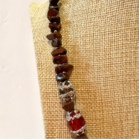 Genuine Gemstone & Glass Bead Necklace- silver tone w/ tigers eye / red & gray - Picture 6 of 10